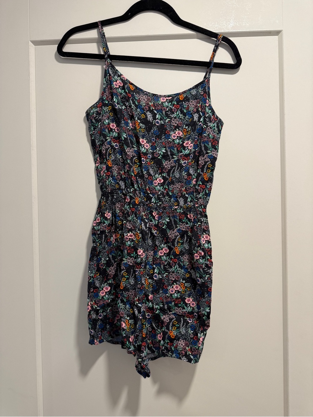 Divided Black Floral Romper with Spaghetti Straps